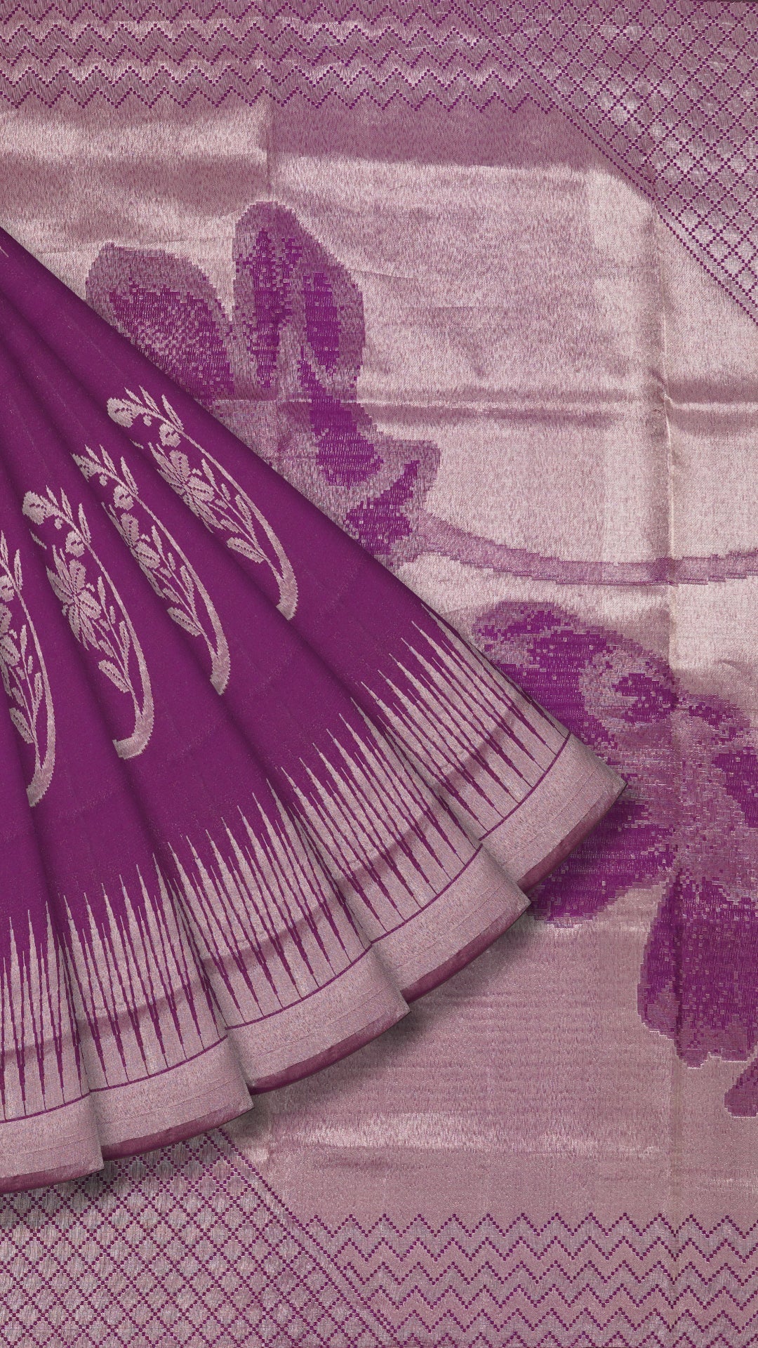Magenta Designer Kanchi Pattu Silk Saree with Large Silver Self Zari Border