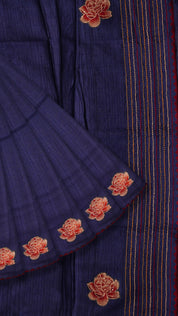 Jute Silk Butta Saree for Workwear in Navy Blue