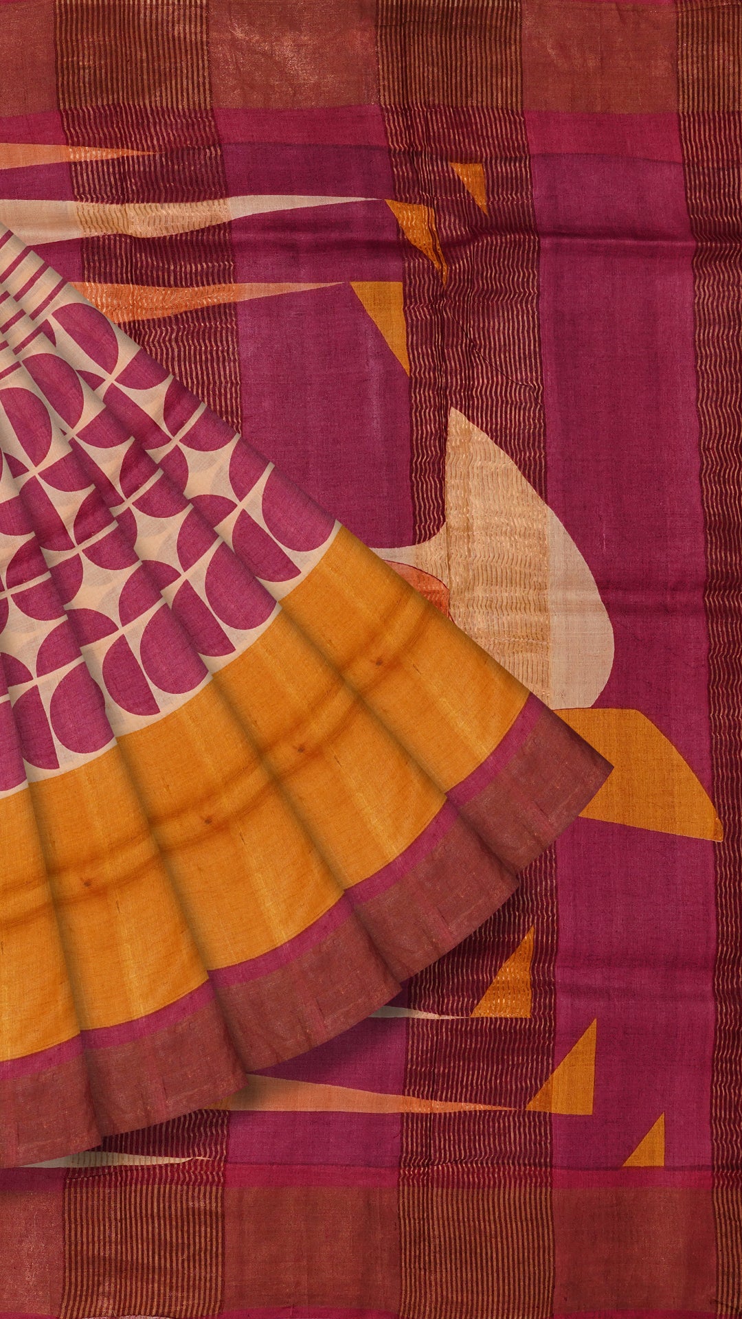 Multi-Colour Tusser Silk Saree with Pink Kadi Contrast Border