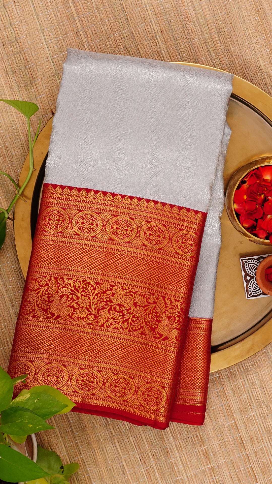 Powder Blue Kanchipuram Silk Saree with Red Brocade Border and Silver Zari