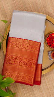 Powder Blue Kanchipuram Silk Saree with Red Brocade Border and Silver Zari