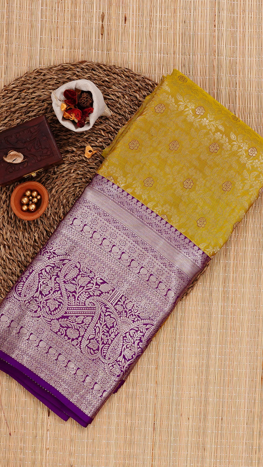 Olive Green Kanchipuram Saree with Silver Zari