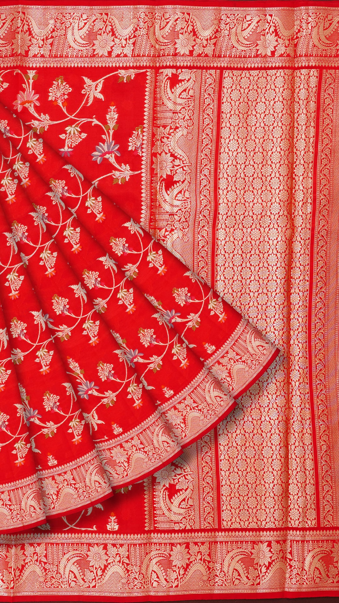 Red Chiniya Saree with Silver Zari Borde