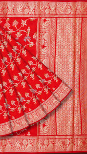 Red Chiniya Saree with Silver Zari Borde