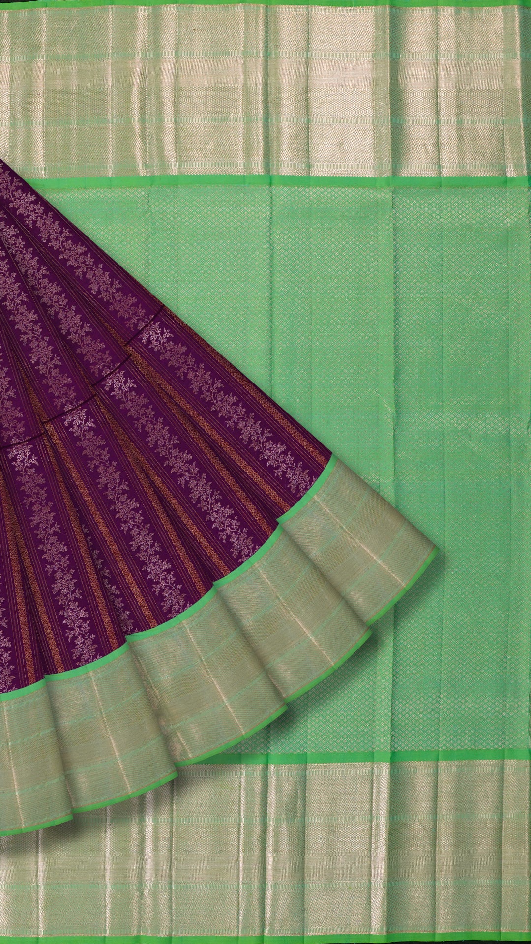 Purple and Green Kanchi Pattu Saree with Copper-Silver Lines