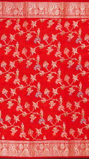 Red Chiniya Saree with Silver Zari Borde
