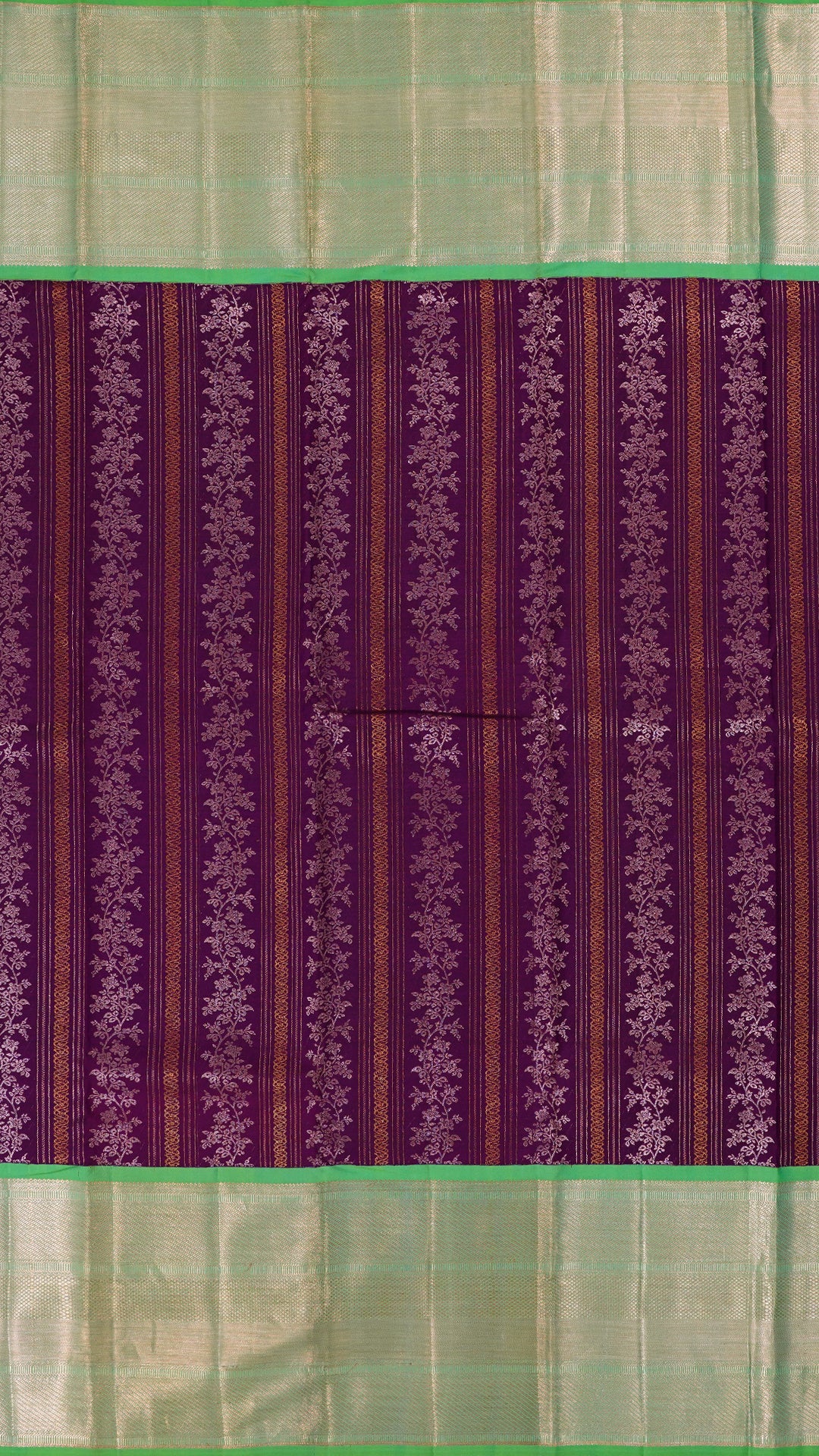 Purple and Green Kanchi Pattu Saree with Copper-Silver Lines