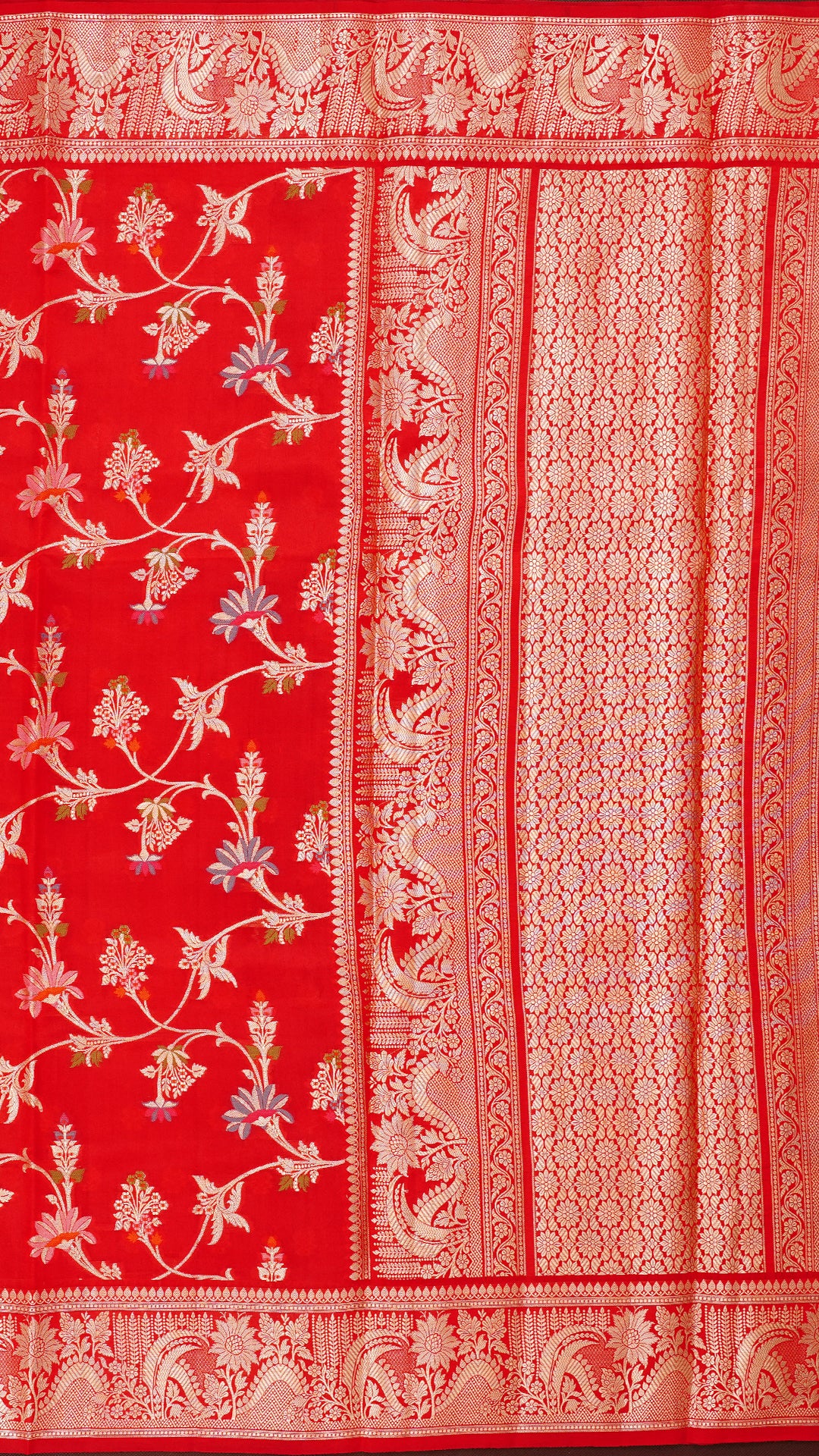 Red Chiniya Saree with Silver Zari Borde