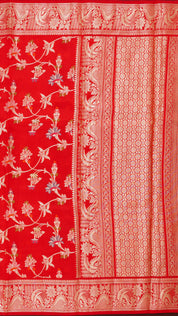 Red Chiniya Saree with Silver Zari Borde