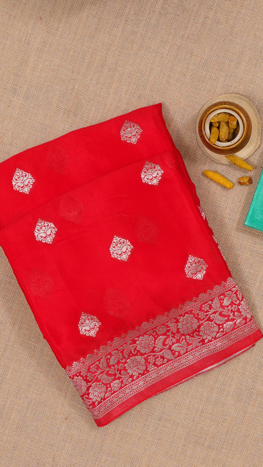 Red Crepe Silk Saree with Self Kaddi Border