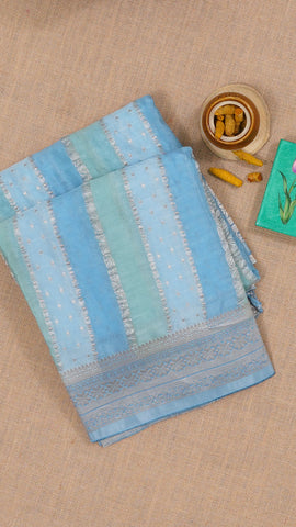 Sky Blue Crepe Silk Saree with Self Silver Border