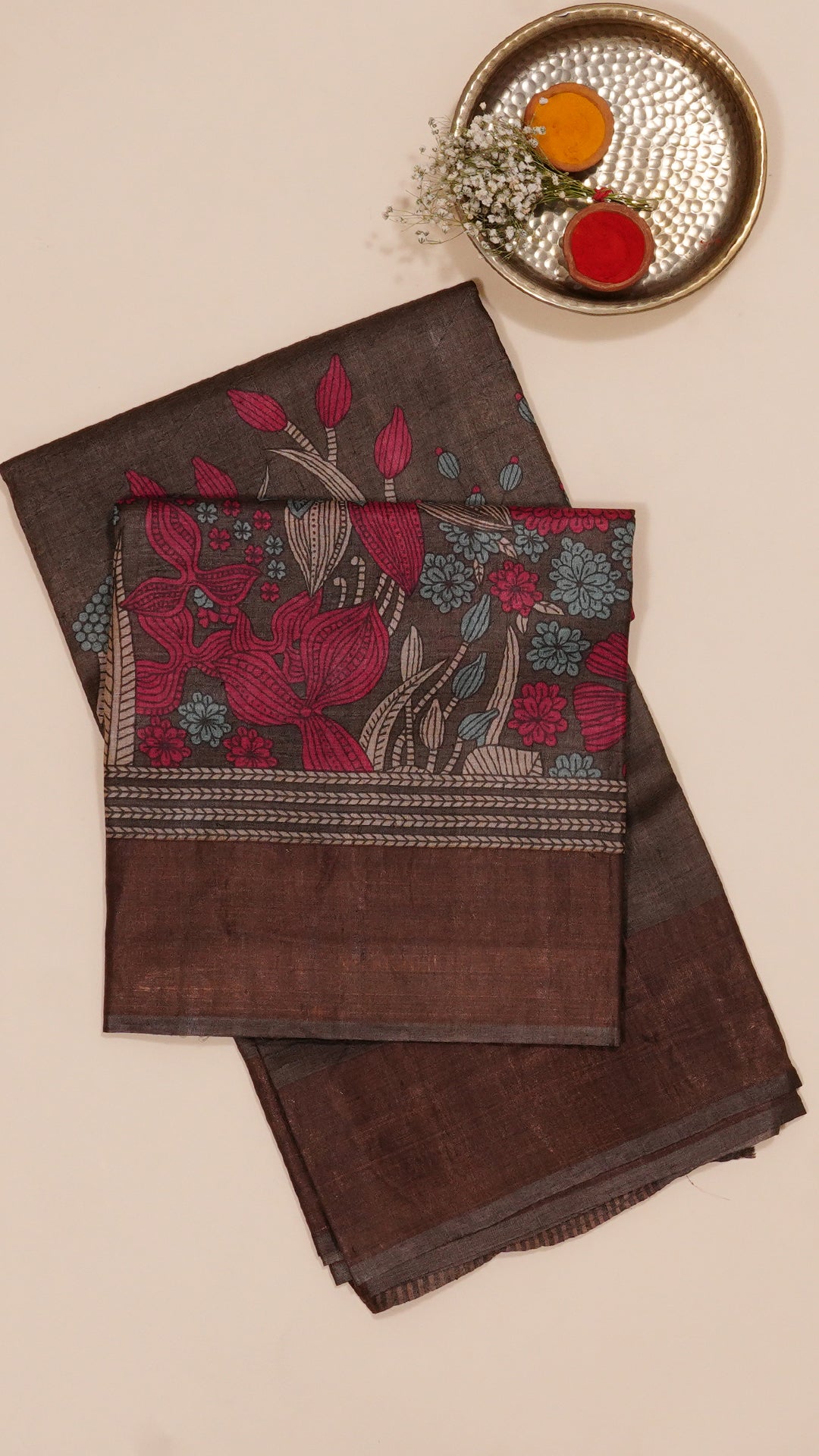 Brown Tusser Silk Saree with Copper Zari Border