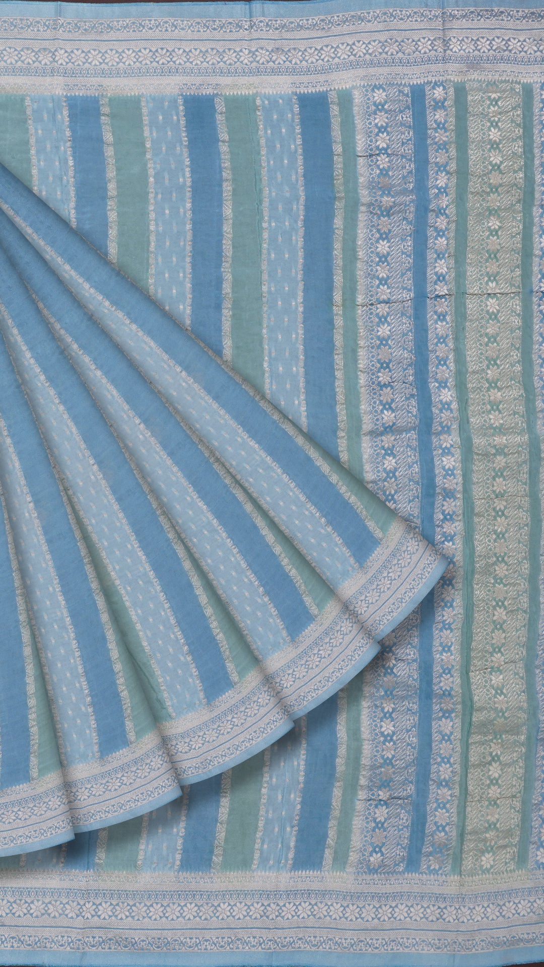 Sky Blue Crepe Silk Saree with Self Silver Border