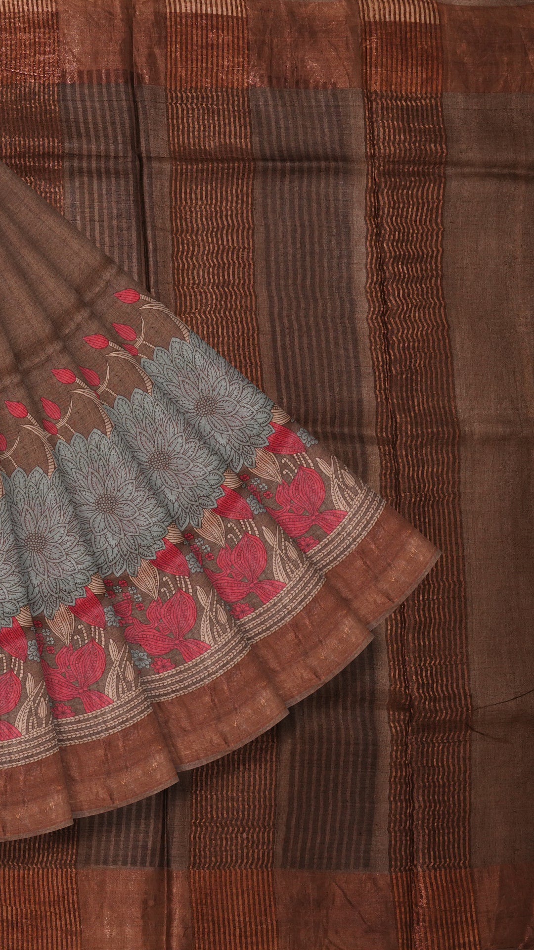 Brown Tusser Silk Saree with Copper Zari Border