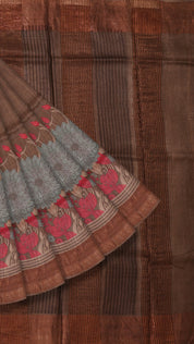 Brown Tusser Silk Saree with Copper Zari Border