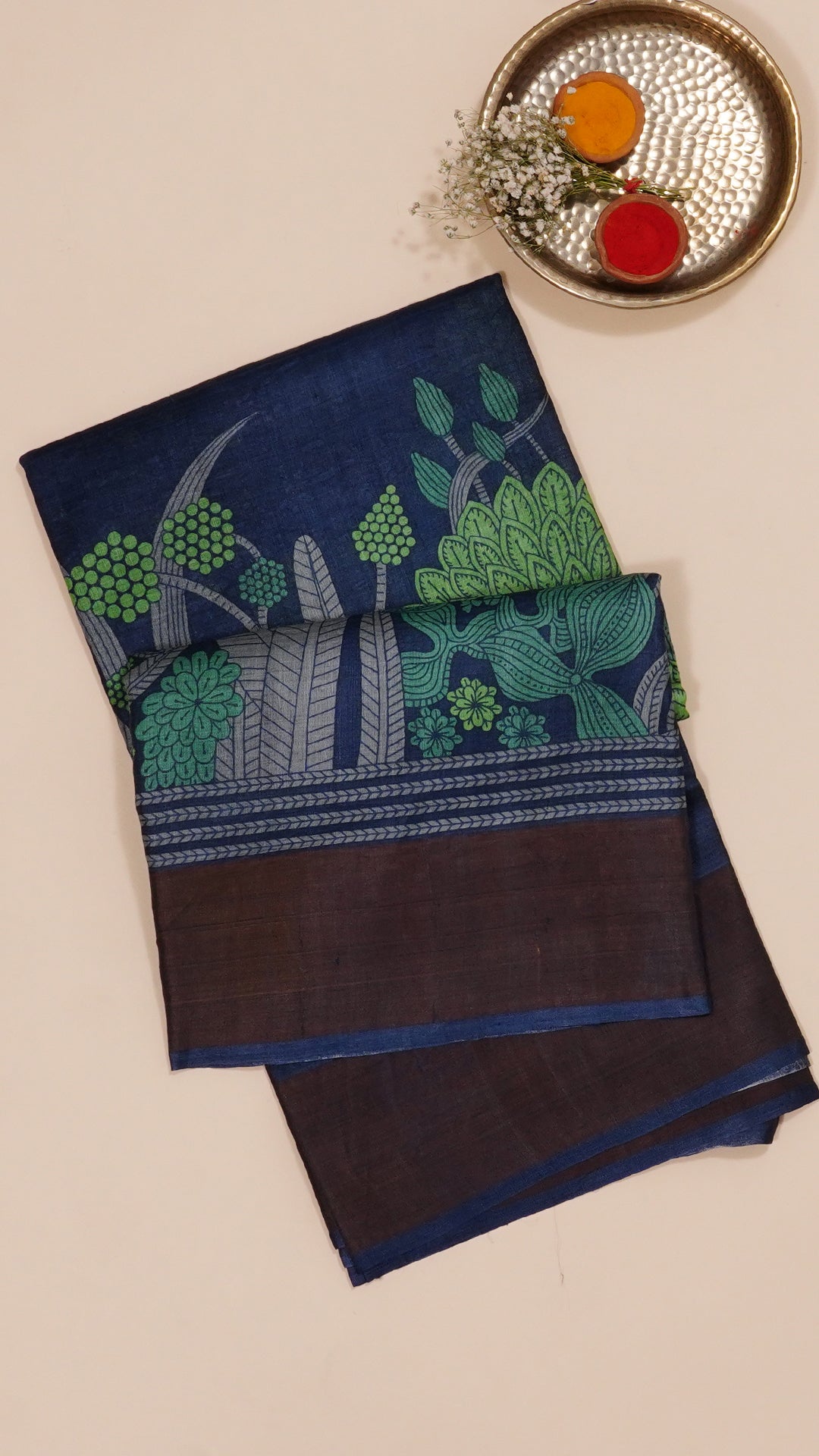 Midnight Blue Tusser Silk Saree with Matching Kadi Border