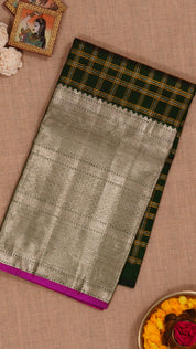 Bottle Green Silk Pavada with Traditional Gold and Silver Checks