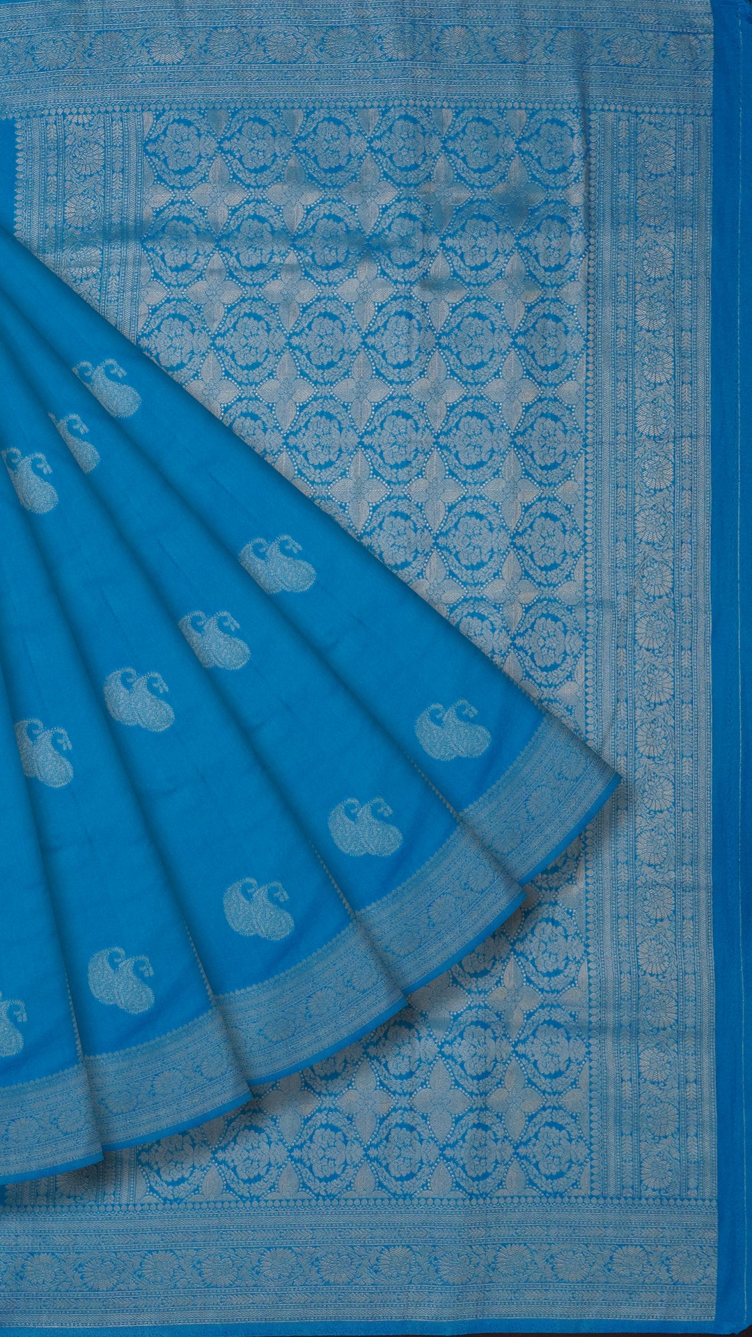 Sky Blue Banaras Silk Saree with Small Gold Self Zari Border & Allover Butta