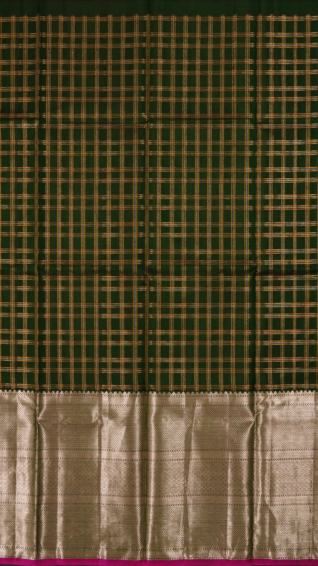 Bottle Green Silk Pavada with Traditional Gold and Silver Checks