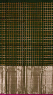 Bottle Green Silk Pavada with Traditional Gold and Silver Checks