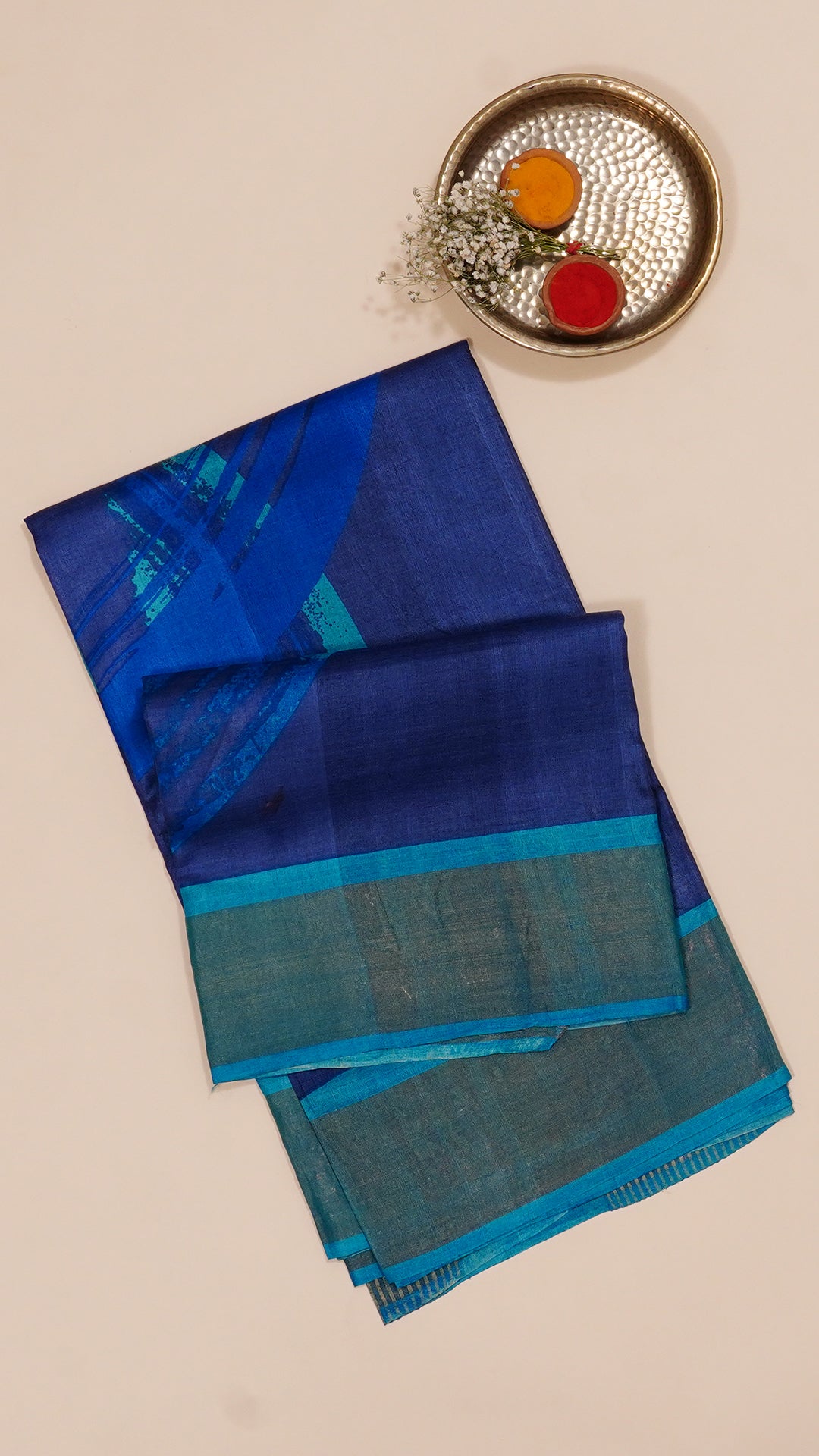 Blue Tusser Silk Saree with Gold Kadi Contrast Border