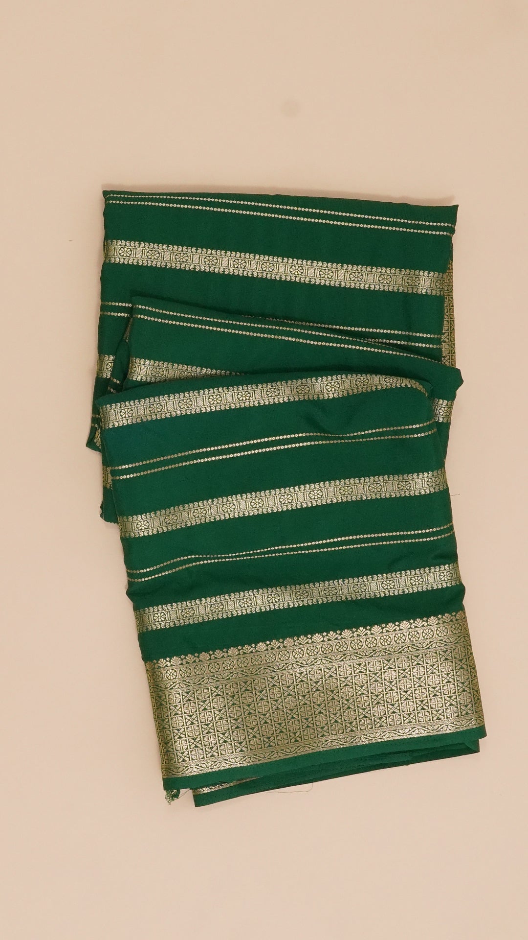 Dark Green Crepe Silk Saree with Small Gold Self Zari Border & Horizontal Stripes