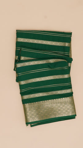 Dark Green Crepe Silk Saree with Small Gold Self Zari Border & Horizontal Stripes