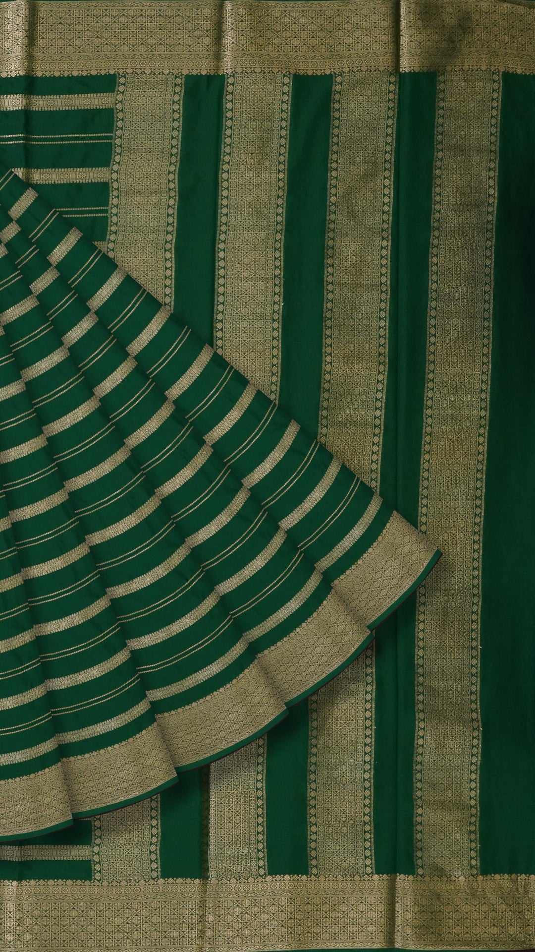 Dark Green Crepe Silk Saree with Small Gold Self Zari Border & Horizontal Stripes