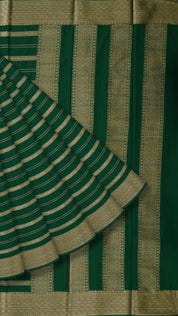Dark Green Crepe Silk Saree with Small Gold Self Zari Border & Horizontal Stripes