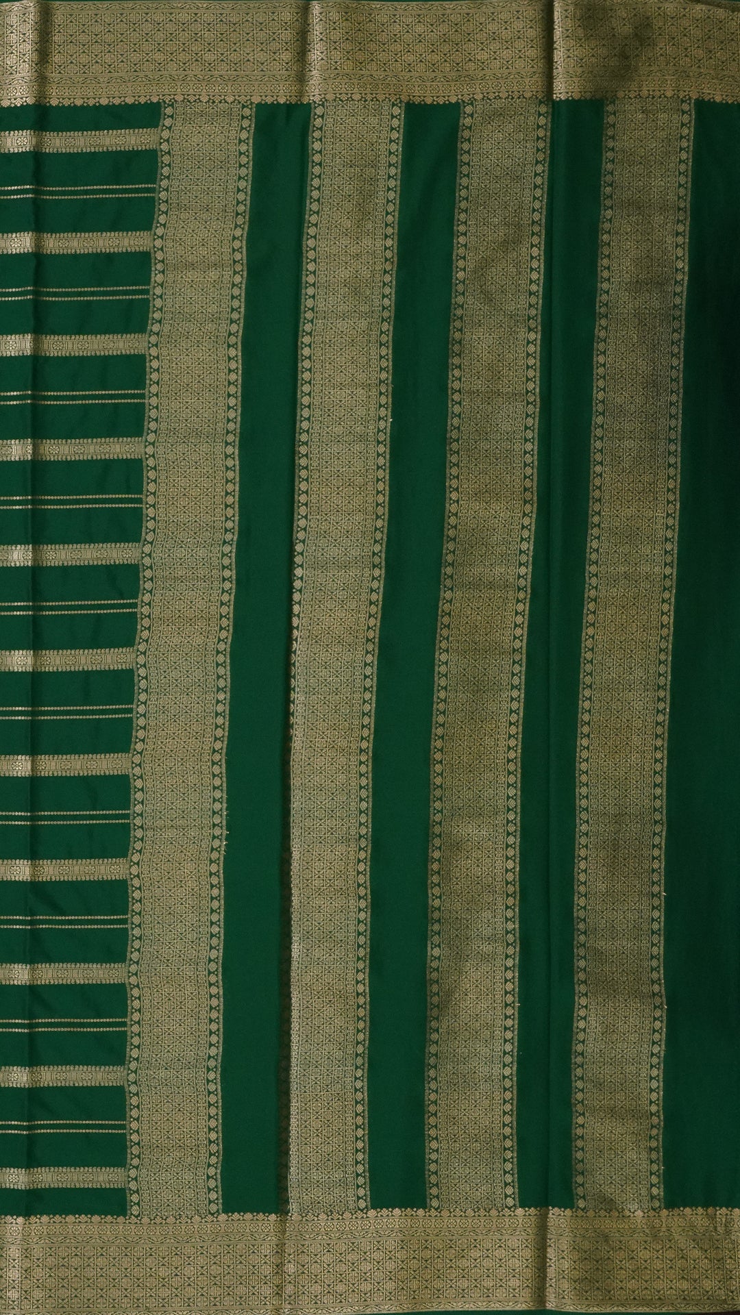 Dark Green Crepe Silk Saree with Small Gold Self Zari Border & Horizontal Stripes