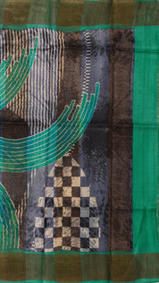 Ash Tusser Silk Saree with Contrast Copper Kadi Border