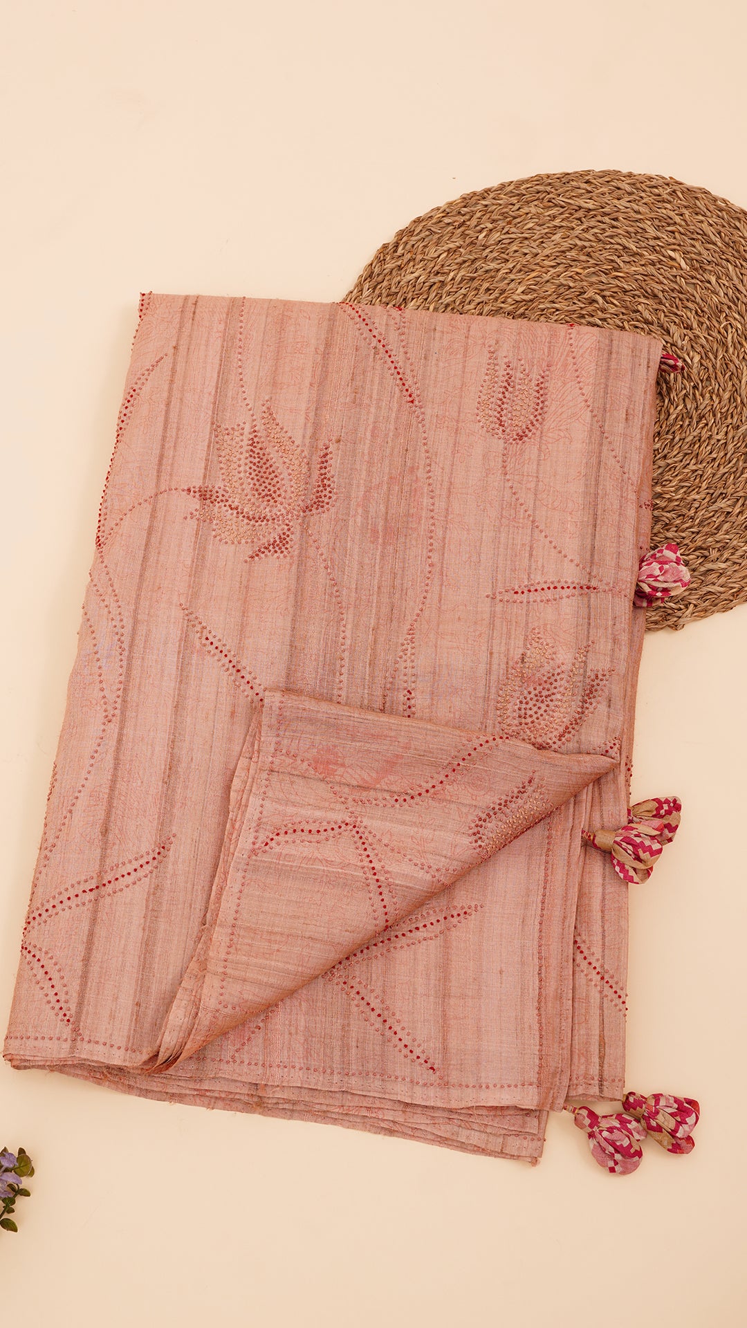Peach Tusser Silk Saree with Seamless No-Border Finish