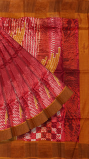 Peach Red Tusser Silk Saree with Contrast Copper Kadi Border