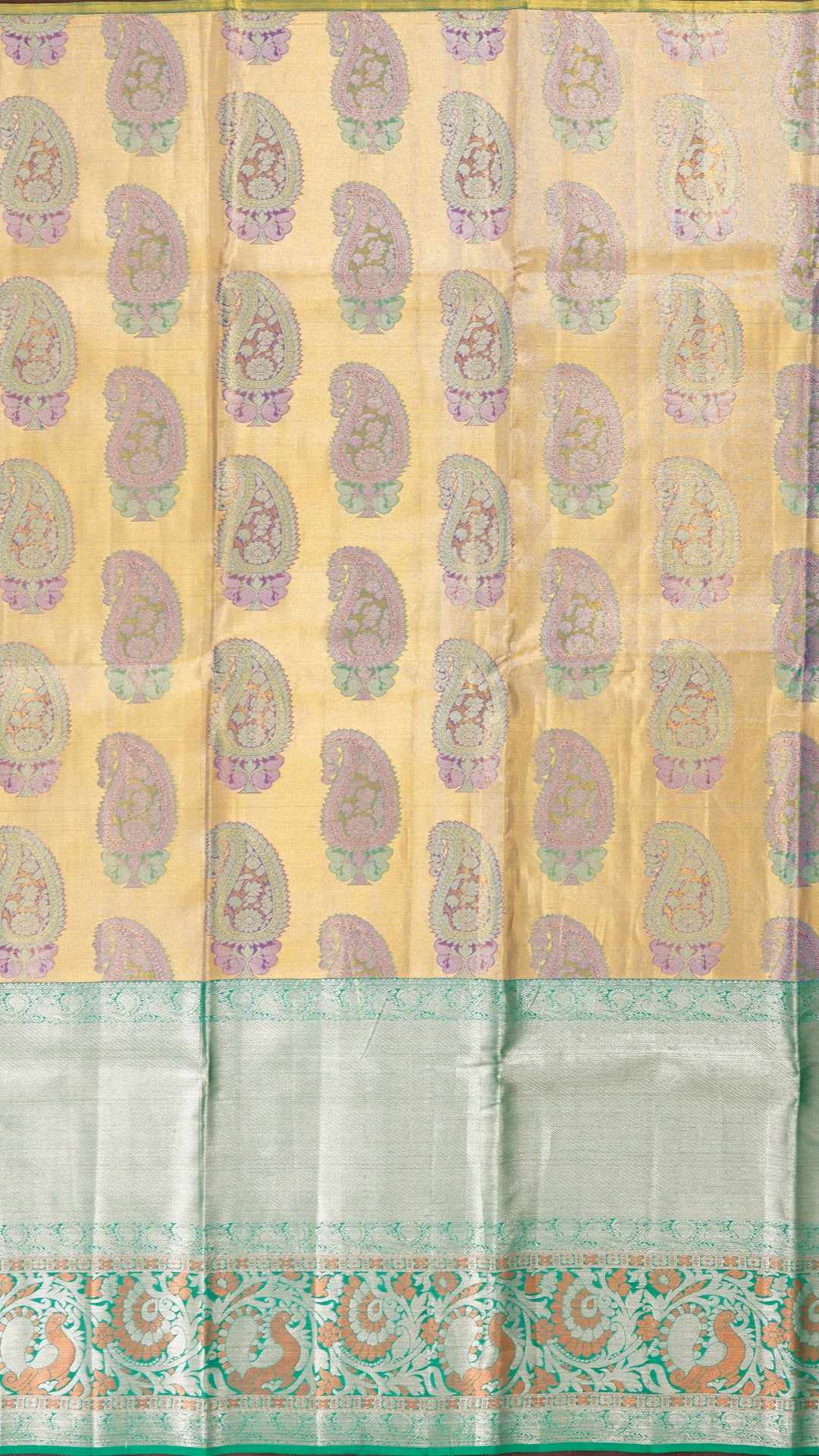 Golden Pattu Pavada with Silver Zari Butta and Green Border