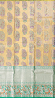 Golden Pattu Pavada with Silver Zari Butta and Green Border