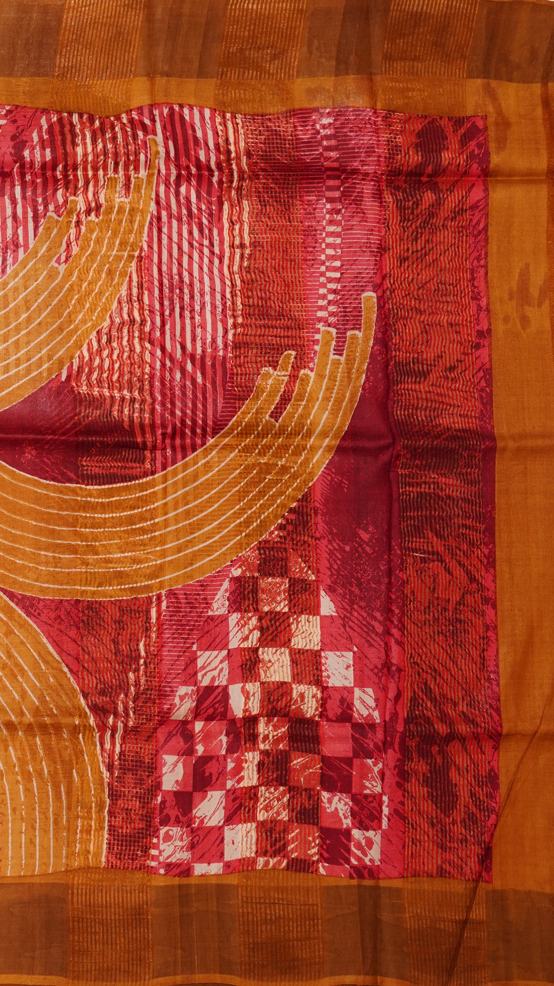 Peach Red Tusser Silk Saree with Contrast Copper Kadi Border