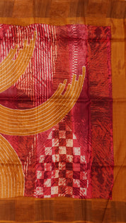 Peach Red Tusser Silk Saree with Contrast Copper Kadi Border