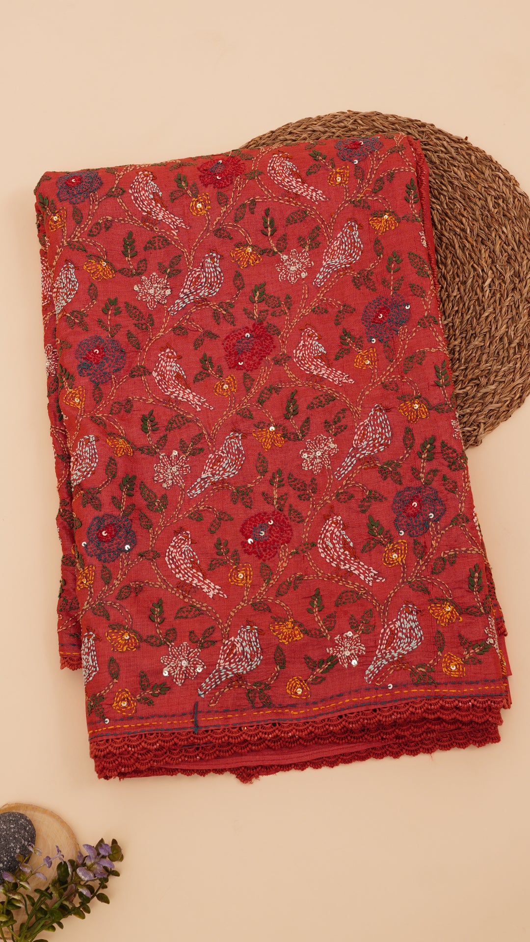 Brick Red Tusser Silk Saree with Lace Border for Daily Charm