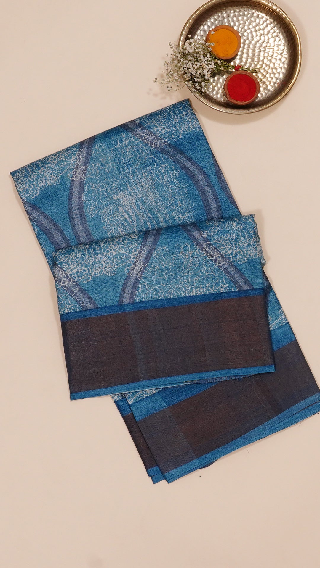 Sea Blue Tusser Silk Saree with Copper Kadi Self Border