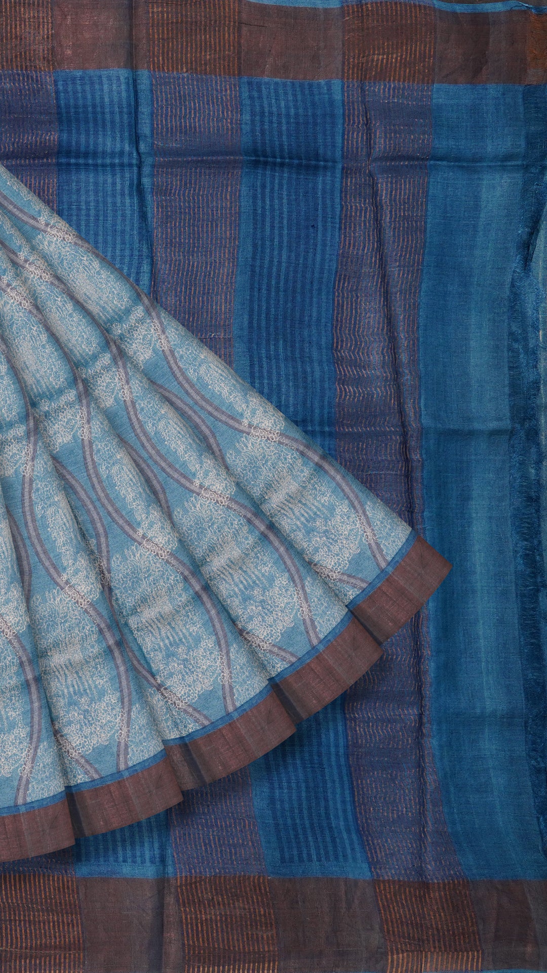 Sea Blue Tusser Silk Saree with Copper Kadi Self Border