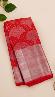 Kanchi Pattu Saree in Red with Silver Zari Self Border