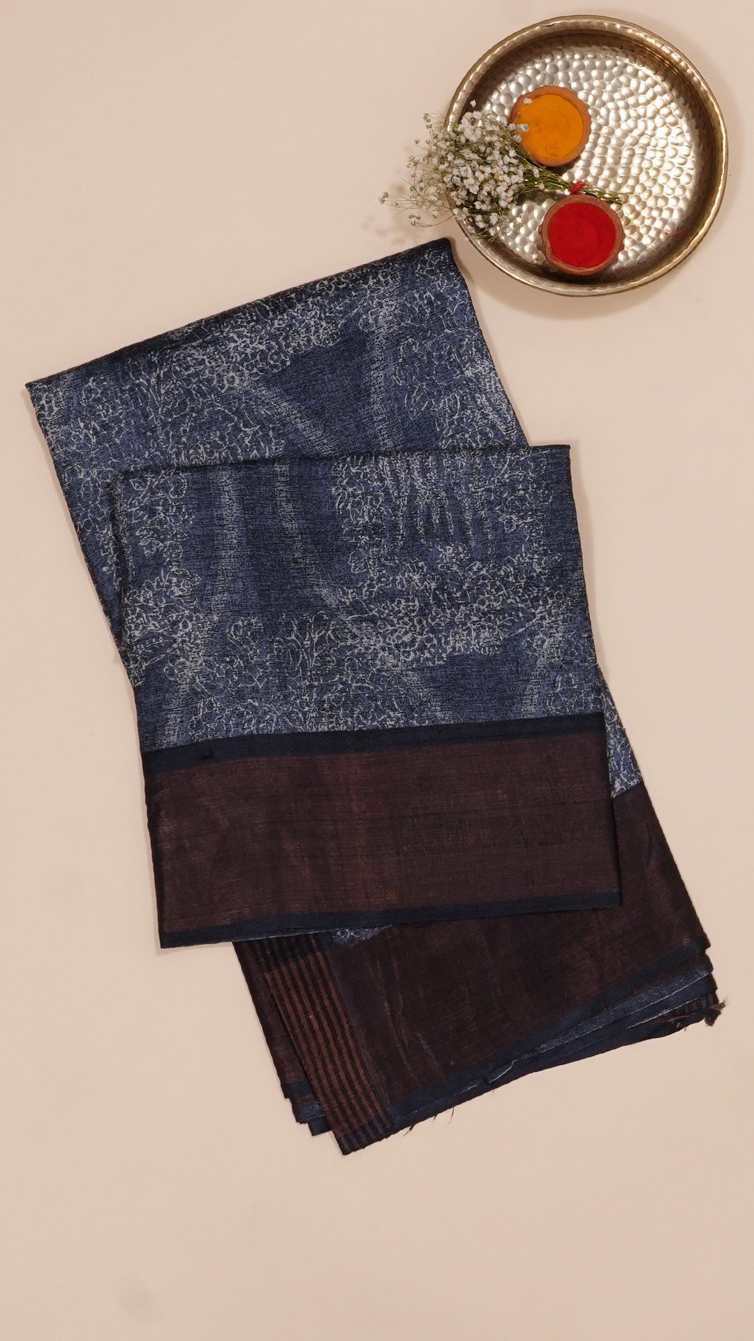 Midnight Blue Tusser Silk Saree with Copper Kadi Self Border