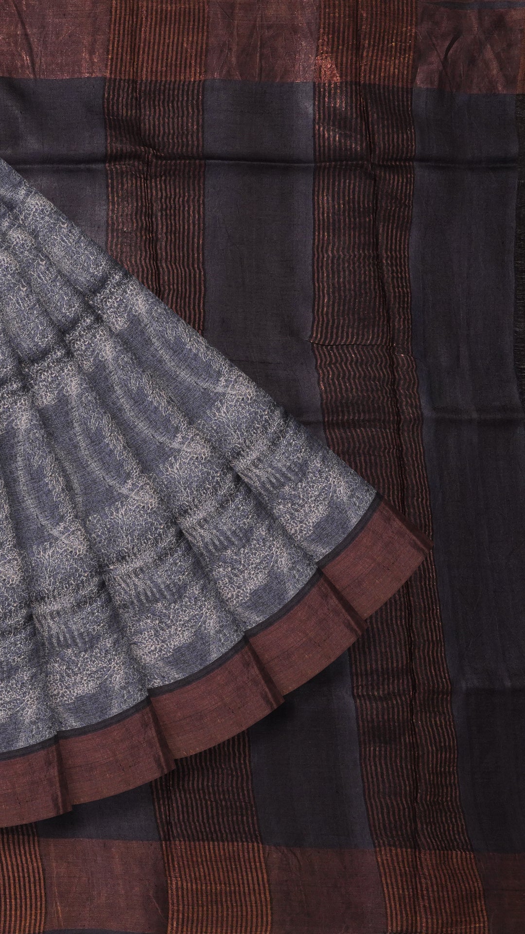Midnight Blue Tusser Silk Saree with Copper Kadi Self Border