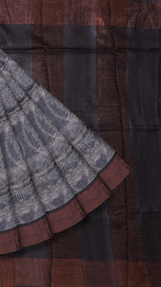 Midnight Blue Tusser Silk Saree with Copper Kadi Self Border