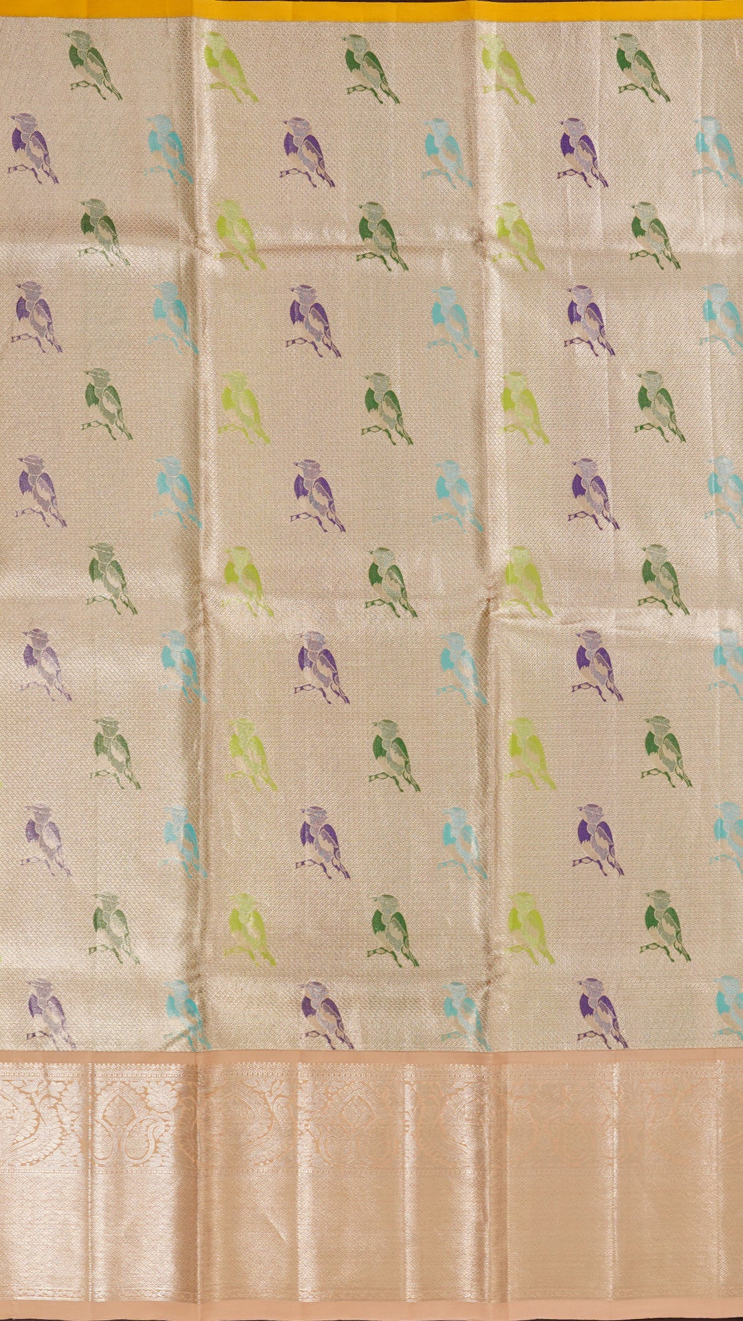 Golden Silk Pattu Pavada with Multi-Bird Motifs and Beige Border