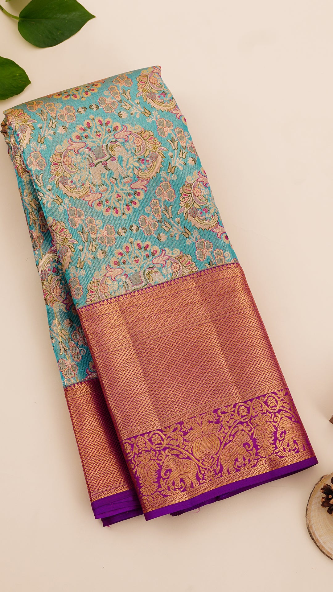 Kanchi Pattu Saree in Sea Blue with Tissue Zari Border