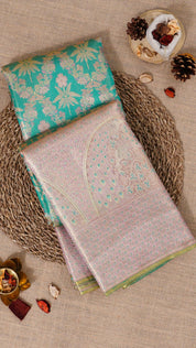 Teal Blue Kanchipuram Silk Saree with Peach Contrast Border