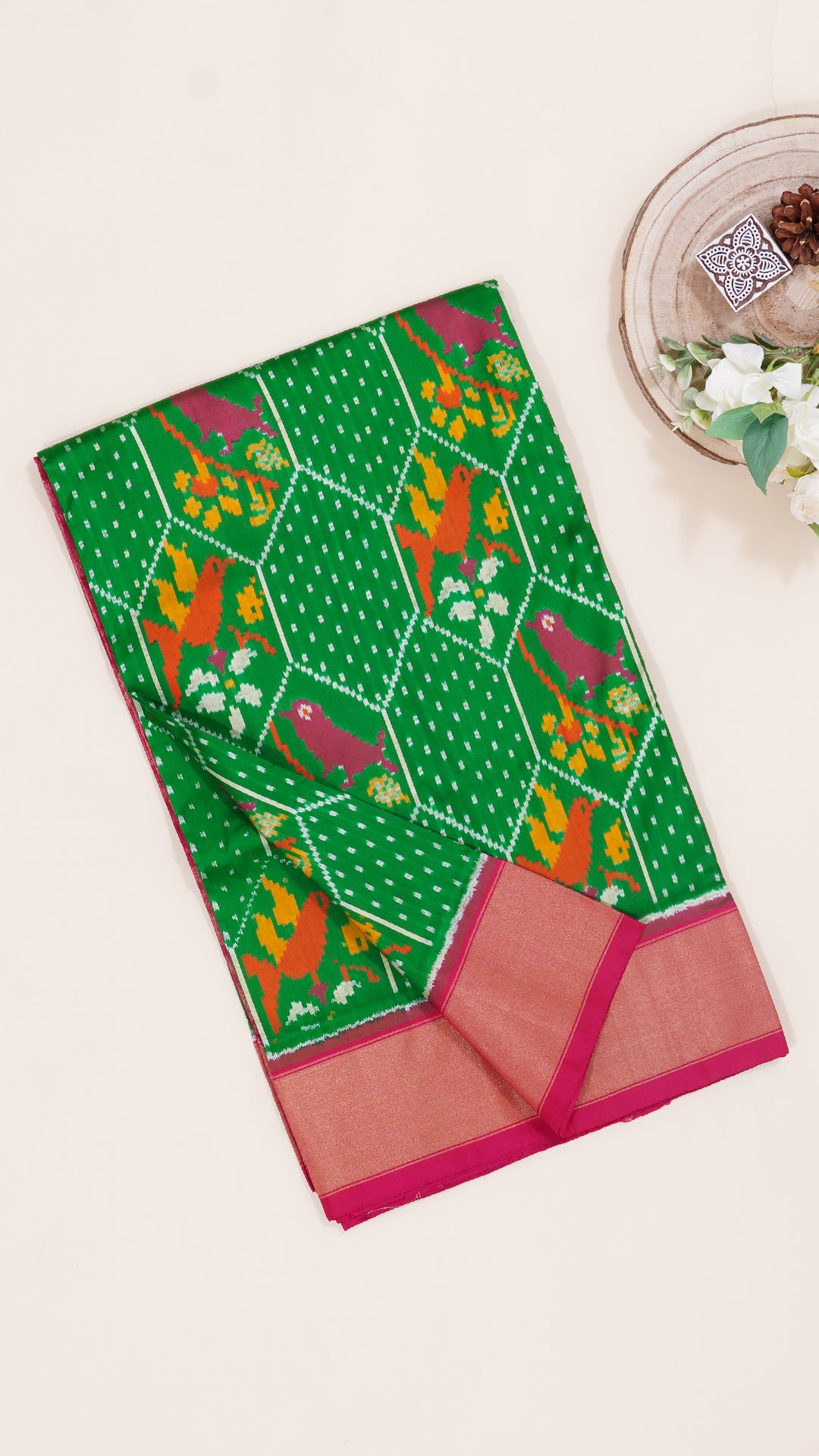 Parrot Green Ikkat Silk Saree with Pink Accents