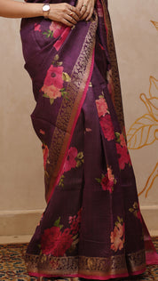 Burgundy Jute Silk Saree with Pink Contrast Floral Border