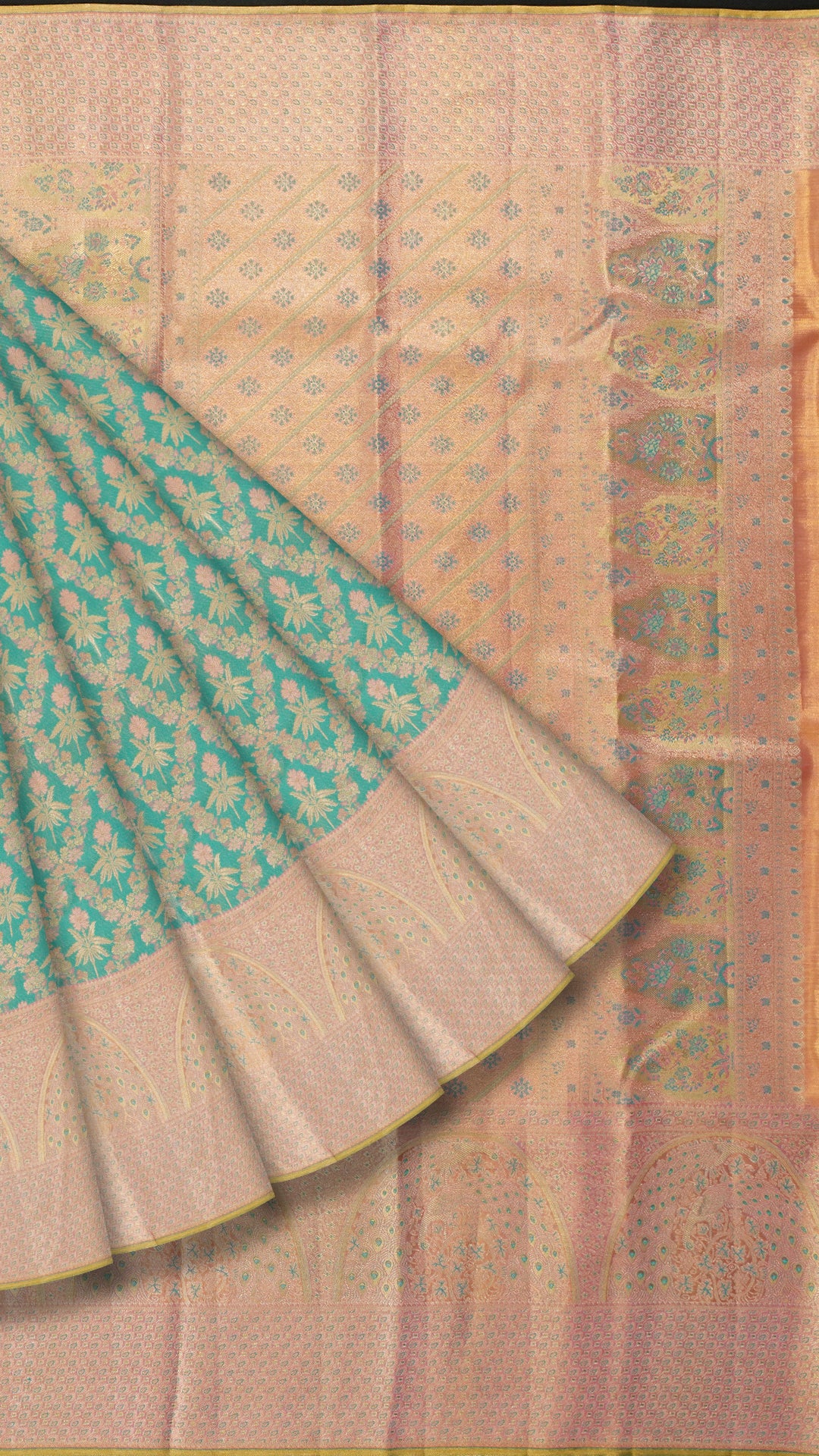 Teal Blue Kanchipuram Silk Saree with Peach Contrast Border